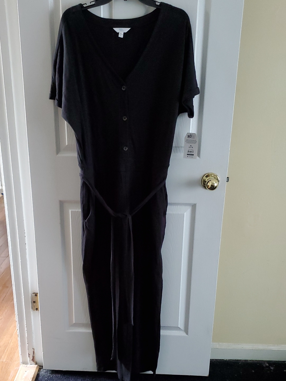 Time and Tru Black Short-Sleeve Jumpsuit with Tie Waist